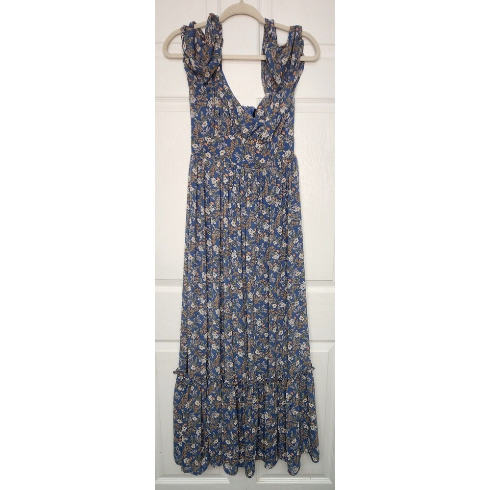Lulus Womens S Blue Floral Print Puff Sleeve Maxi Dress  Cottage core Peasant